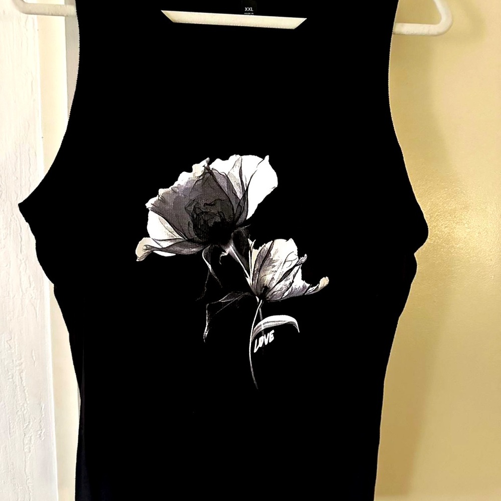 Black and white rose tank top (with the word “Love”)
